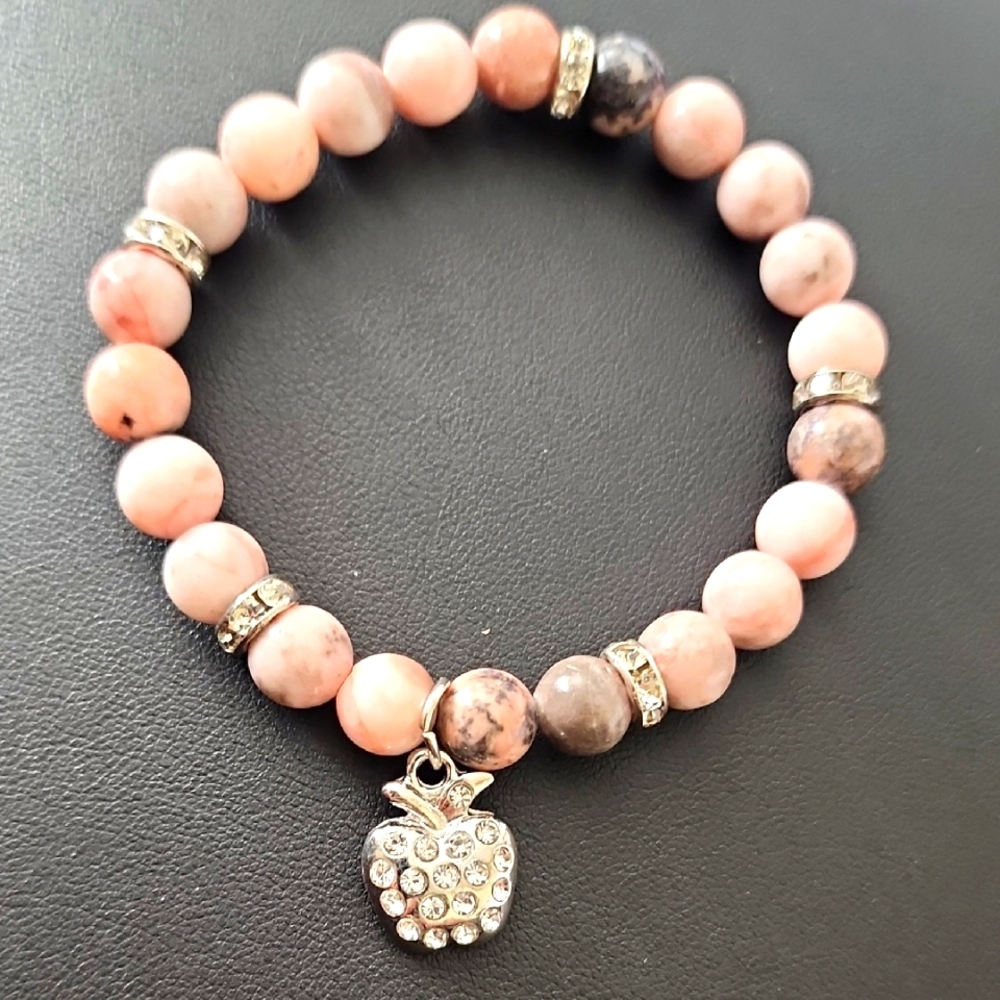 Pink/Grey Bling Apple Charm Beaded Bracelet